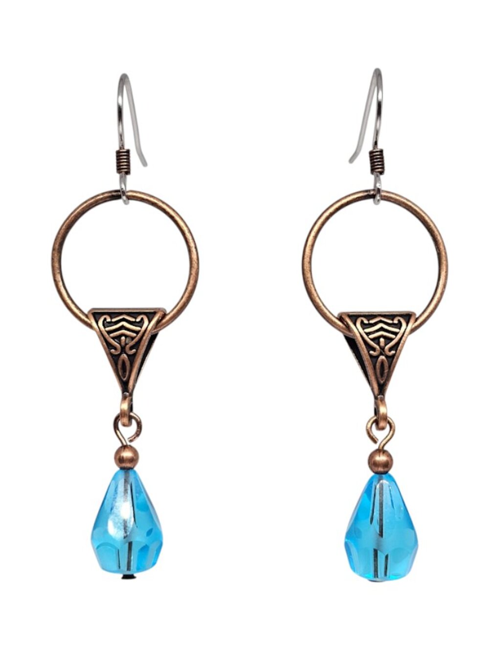 Handmade Blue Teardrop Glass Beaded Copper Hoops Dangle Boho Earrings